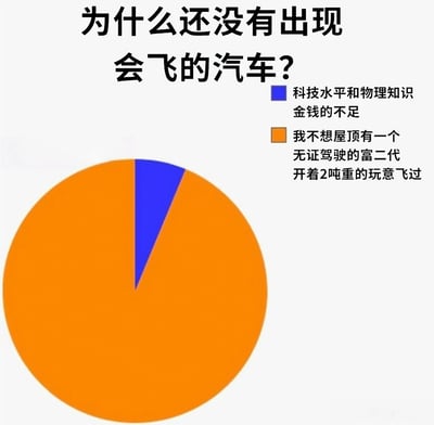图片以幽默的方式用饼图探讨“为什么还没有出现会飞的汽车”这一问题。饼图中橙色部分占绝大多数，对应文字“我不想屋顶有一个无证驾驶的富二代开着2吨重的玩意飞过”，蓝色小部分对应“科技水平和物理知识 金钱的不足”，通过夸张的比例对比，讽刺地表达了公众对飞行汽车安全隐患（尤其是驾驶者素质）的担忧远胜于对技术或资金问题的关注。