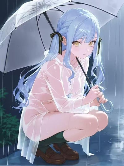在淅淅沥沥的雨夜户外，一位蓝发双马尾的二次元少女蹲在积了水的地面上，双手握着一把透明雨伞。她身着被雨水打湿的浅色透视长款衬衫，衬衫紧贴着身形，搭配深绿色长袜与棕色皮鞋，神情低落，眼神带着落寞感。雨水不断落下，在地面的积水中泛起圈圈涟漪，背景是模糊的深绿色绿植，整体画面营造出清冷孤寂的氛围。