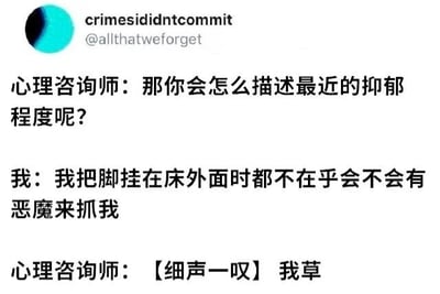 这是一张社交媒体截图，内容为一段心理咨询师与患者的对话。心理咨询师询问患者如何描述最近的抑郁程度，患者回答“我把脚挂在床外面时都不在乎会不会有恶魔来抓我”，心理咨询师则以“【细声一叹】我草”回应。通过夸张且带有黑色幽默的方式，展现了抑郁状态下对恐惧的麻木，引发共鸣。