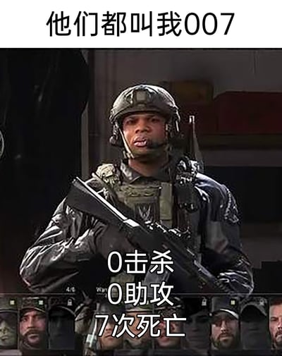 这是一张针对第一人称射击游戏玩家的自嘲梗图，图中是身着全套战术装备、手持枪械的游戏特战士兵，上方配文“他们都叫我007”，营造出精英特工的既视感，但下方的文字却拆解了“007”的真实含义：0击杀、0助攻、7次死亡，用强烈的反差感制造笑点，调侃玩家在游戏里战绩糟糕，和代号007的精英特工形象形成鲜明对比，精准戳中FPS游戏玩家的自嘲心态。