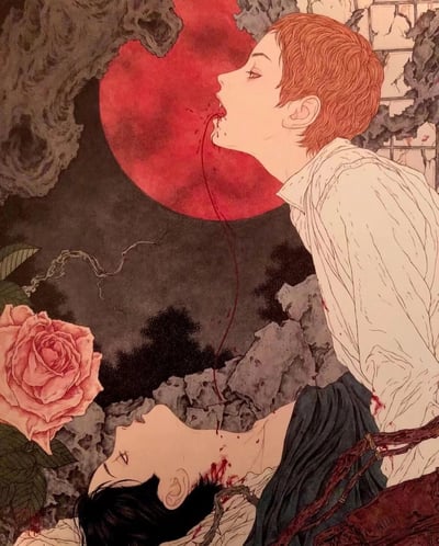 插画中呈现了一幕充满悲剧美学的场景：红发少年俯身对着躺在碎石中的黑发人物，口中滴落的鲜血在空中划出弧线，染红了对方的脖颈与衣衫。背景是一轮巨大的血红色满月，周围环绕着扭曲的岩石与枯枝，左下角一朵盛放的粉色玫瑰与血腥场景形成强烈对比，整体色调暗沉压抑，营造出禁忌、悲伤与宿命感交织的氛围。