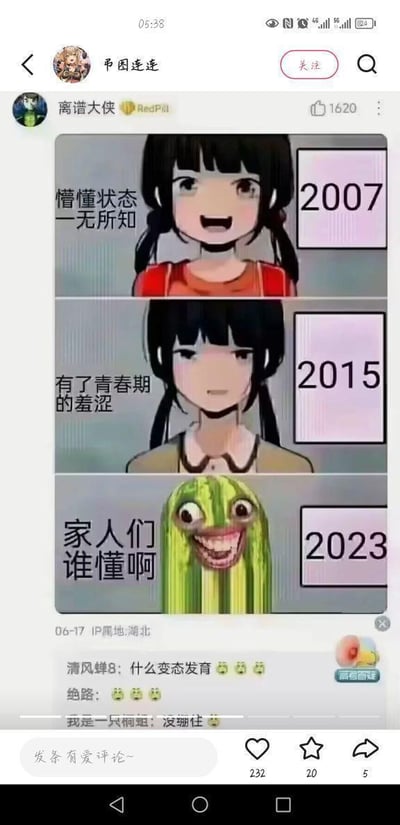 这是一张在社交平台发布的三格拼接梗图，以年份为节点制造强烈反差：2007年是梳着双马尾、一脸懵懂的卡通女孩，配文“懵懂状态 一无所知”；2015年是同款女孩，面露青春期的羞涩，配文“有了青春期的羞涩”；2023年则替换成近期爆火的“西瓜条”魔性表情包，配文“家人们谁懂啊”。图中用夸张的“反向成长”来调侃当代年轻人被生活磋磨后的精神状态，评论区网友纷纷用表情包和文字吐槽这种“变态发育”，充满搞笑的反差感，引发网友共鸣。