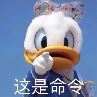 图片中是迪士尼经典卡通角色唐老鸭，它有着白色的头部、黄色的大嘴巴，头上戴着一个带有彩色图案的透明蝴蝶结，身穿蓝色服装。唐老鸭正用右手食指向前伸出，表情严肃，背景是纯净的蓝色天空。图片底部有白色文字“这是命令”，整体给人一种不容置疑的指令感。
