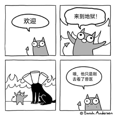 这是一幅四格黑白卡通漫画：
第一格：一只长着恶魔箭头尾巴的灰色小猫探出头，开口说“欢迎”；
第二格：小猫张开双臂，身后出现火焰，大声喊道“来到地狱！”，营造出阴森的地狱氛围；
第三格：小猫站在一只戴着多片式伊丽莎白圈的黑猫旁，背景火焰更盛，小猫做出介绍的手势，仿佛黑猫是地狱里的恐怖生物；
第四格：小猫再次探出头，略带尴尬地解释道“哦，他只是刚去看了兽医”。
漫画利用猫咪看完兽医佩戴的伊丽莎白圈的特殊造型，和地狱三头生物的形象制造视觉误会，通过反转的解释制造出轻松诙谐的笑点，贴合猫咪看兽医后戴圈的日常场景，让读者产生共鸣。