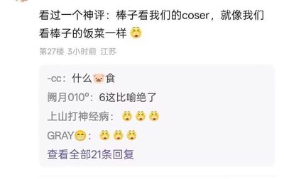 这是一张社交媒体评论截图，展示了一个关于中韩文化差异的幽默评论及其回复。主评论将韩国人看待中国coser的态度比喻为中国人看待韩国料理的态度，引发了其他用户的有趣互动。评论区中有用户用"什么🐷食"表达夸张反应，还有用户称赞这个比喻"绝了"，更多用户则用多个😂表情符号表示被逗笑。截图显示这是第27楼的评论，发布于3小时前，来自江苏地区，并有21条回复可查看。