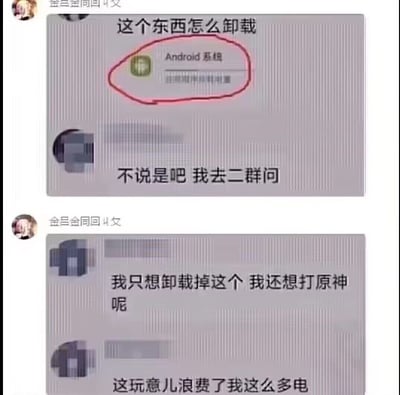 图片展示了一段搞笑的聊天记录，用户“金吕金同回 4女”因觉得Android系统耗电，想要卸载它以节省电量玩《原神》。截图中用户用红色圆圈标注了“Android系统”并提问“这个东西怎么卸载”，后续表示“不说是吧 我去二群问”“我只想卸载掉这个 我还想打原神呢”“这玩意儿浪费了我这么多电”，展现了对手机系统无法卸载的误解，充满生活气息的幽默。
