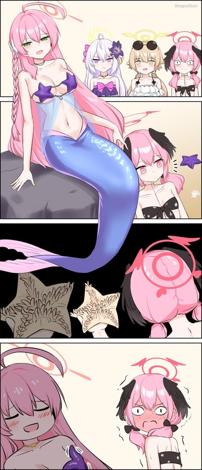 这是一幅基于手游《蔚蓝档案》的四格同人连环漫画：
1. 第一格：人鱼造型的星野（粉色长发绿眼）与白子、日奈、柚子三位角色在海边场景，星野神态愉悦，其他角色表情各异。
2. 第二格：星野的人鱼尾巴不慎拍打到柚子的头部，将她的比基尼上装拍落，柚子露出惊讶的神情。
3. 第三格：镜头聚焦柚子后背，可见她的比基尼上装掉落，露出海星形状的胸贴，她的光环也因羞愤变得扭曲。
4. 第四格：星野满脸通红尴尬不已，柚子则是又羞又气、浑身冒汗的状态。
漫画的笑点来自意外的尴尬场景，以及柚子胸贴设计的反差感，营造出搞笑又社死的氛围。