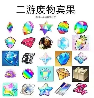 这是一张改编自宾果游戏的二次元手游梗图，标题为“二游废物宾果”，下方配有文字“连成一条线就没救了”。图中5×5的格子里集合了多款热门二次元手游的抽卡、养成类资源道具，例如《原神》的纠缠之缘、《崩坏：星穹铁道》的星轨通票、《明日方舟》的至纯源石、《碧蓝航线》的钻石等。该梗图以宾果连线的形式，调侃二次元手游玩家为抽卡消耗大量资源，当宾格连成线时，代表玩家已在抽卡上投入过度，自嘲为“二游废物”，充满了对手游抽卡机制的无奈与玩家间的趣味调侃，无谐音、双关等特殊梗。