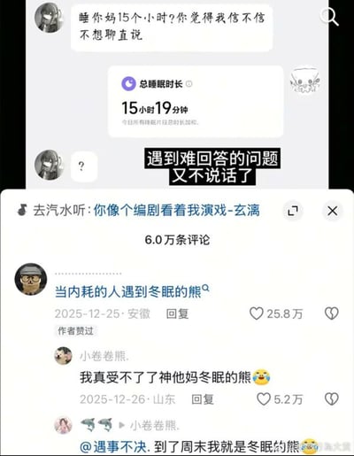 这张梗图由两部分拼接而成：上半段是私人聊天记录，一方质疑对方“睡你妈15个小时？你觉得我信不信 不想聊直说”，另一方直接甩出显示「总睡眠时长15小时19分钟」的截图回怼，质疑方随后只发了一个问号，配文“遇到难回答的问题又不说话了”；下半段是抖音的评论区，高赞评论「当内耗的人遇到冬眠的熊」获25.8万赞，还有网友回复「我真受不了了神他妈冬眠的熊」并附带笑哭表情，用幽默的比喻调侃能睡很久的人像冬眠的熊，精准戳中内耗者容易纠结对方态度的笑点，引发共鸣。