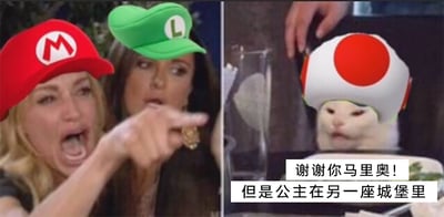 这是一张多图拼接的P图改编梗图，左侧截取了美国真人秀《比弗利娇妻》里的吵架片段画面，给两位女性分别P上了《超级马里奥兄弟》里马里奥的红色M帽子和路易吉的绿色L帽子，左边女性张大嘴巴、手指向前方，表情激动，右边女性神情惊讶、嘴巴微张；右侧是网红“不爽猫”的表情包，给猫咪P上了游戏里奇诺比奥的蘑菇头帽子，猫咪表情不爽、神态无奈。图片下方配有《超级马里奥兄弟》里的经典台词“谢谢你马里奥！但是公主在另一座城堡里”，还原了游戏中马里奥历经千辛万苦到达城堡，却被奇诺比奥告知找错地方的经典场景，用表情包的形式复刻了游戏里的无奈感，通过真人、猫咪和游戏元素的结合，制造出搞笑的反差效果，让熟悉游戏的玩家能立刻get到梗点。