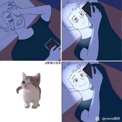 这是一张多图拼接的搞笑meme，由四个部分组成：左上部分是一名卡通人物躺在床上，一手捂脸痛哭，一手握着手机，情绪低落；右上部分是该卡通人物注视着手机，表情变得冷漠无神；左下部分是一只灰白相间的真实小猫，单眼wink，姿态俏皮可爱；右下部分是该卡通人物看着手机，脸上露出开心的笑容，眼睛睁大，情绪明显好转。整幅图生动还原了很多人在深夜情绪低落时，刷到可爱治愈的内容后心情瞬间变好的日常状态，引发共鸣。