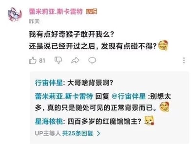 这是一张哔哩哔哩（B站）的评论区截图，用户「蕾米莉亚.斯卡雷特」以东方Project角色的身份发布评论：「我有点好奇猴子敢开我么？还是说已经开过之后,发现有点碰不得？😆」，其他用户询问其背景，楼主故作低调回复「别想太多,真的只是随处可见的正常背景而已」，另有用户拆穿玩梗：「四百多岁的红魔馆馆主😹」，整个互动围绕东方Project的角色梗展开，充满调侃趣味。
其中「猴子」是网络上对部分群体的戏称，楼主以强大的吸血鬼角色蕾米莉亚的身份玩梗，暗示自己身份特殊碰不得，形成反差搞笑效果。
