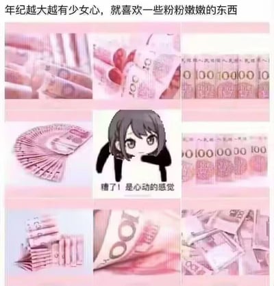这是一张九宫格形式的趣味梗图，顶部配文“年纪越大越有少女心，就喜欢一些粉粉嫩嫩的东西”，其余八个格子展示了不同摆放形态的粉色调100元人民币，中间格子是一个Q版卡通人物，配文“糟了！是心动的感觉”。图中将“少女心偏爱粉色物品”的认知与人民币的粉色外观结合，用幽默调侃的方式表达了对金钱的喜爱，制造出反差感十足的趣味效果，契合网络上用轻松方式表达对金钱向往的流行趋势。