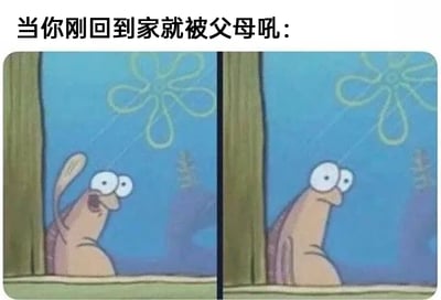 这是一张左右对比的多图拼接表情包，上方配有文字“当你刚回到家就被父母吼：”，用来引出画面内容。左侧画面中，动画《海绵宝宝》里的角色小蜗趴在窗边，眼睛圆睁，嘴巴张开，神情带着明显的期待与开心，还原了人们带着好心情回到家时的状态；右侧画面里的小蜗则瞬间转变了神情，眼睛下垂，嘴角耷拉，身体姿态也变得僵硬，完美呈现出在毫无防备的情况下被父母呵斥后，心情瞬间从喜悦跌落至失落、委屈又不知所措的真实情绪，精准戳中了很多人都有过的家庭生活经历，容易引发强烈共鸣。