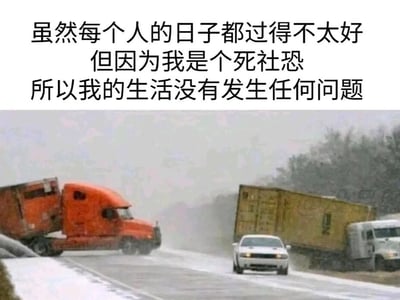 这是一张图文结合的网络梗图，上方配有三段串联的文字：“虽然每个人的日子都过得不太好 但因为我是个死社恐 所以我的生活没有发生任何问题”；下方是一张雪天结冰公路的交通事故现场照片，画面中道路被积雪覆盖，路面湿滑，左右两侧的大型卡车均发生侧翻，现场氛围混乱，而位于道路中央的白色小轿车却未受事故影响，平稳行驶在道路上。图片通过画面的强烈反差，将外界的混乱局势隐喻为他人不如意的生活状态，把社恐人群的生活状态比作画面里的小轿车，调侃社恐人群因长期回避社交、处于自我封闭的生活模式，在外界环境陷入混乱时反而能不受干扰，维持自身的生活节奏，精准戳中社恐人群的心理，容易引发同类人群的共鸣。