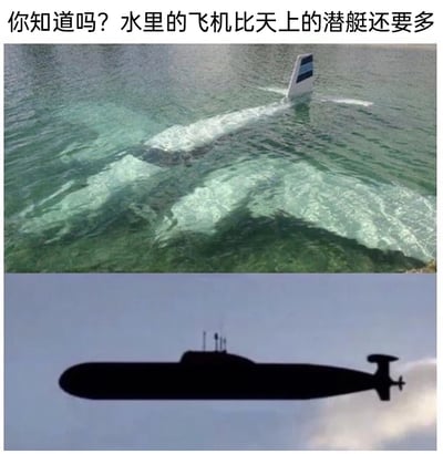 这是一张上下拼接的对比梗图，上方画面中，一架飞机的机身完全没入清澈的水中，仅尾翼部分露出水面，从视觉效果上看，仿佛是一艘在水中行进的潜艇；下方画面里，一艘潜艇的剪影出现在天空背景下，看起来就像是一架在空中飞行的飞机。图的上方配有文字“你知道吗？水里的飞机比天上的潜艇还要多”，利用视觉错位的效果，打破大众对飞机航行于天空、潜艇活动于水中的固有认知，通过这种荒诞的视觉反差制造出搞笑趣味的效果，属于典型的视觉错觉类网络梗图。