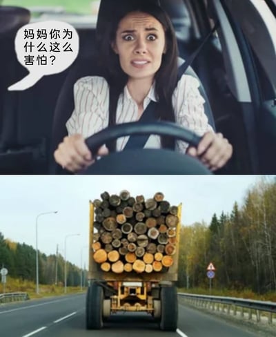 这是一张上下拼接的连环梗图，上图呈现了一位驾驶汽车的女性，她双手紧握方向盘，眉头紧皱、双眼圆睁，脸上露出极度惊恐的神情，旁边的对白气泡显示孩子向她提问“妈妈你为什么这么害怕？”；下图展示了前方道路上的场景：一辆大型货运卡车装载着高高堆叠的原木，原木堆得十分密集且没有做足够的固定防护，看起来随时有掉落的可能。这张图通过上下对比，直观地解释了驾车妈妈惊恐的原因——她担忧前方卡车的原木掉落，会引发危险的交通事故，用夸张的神情和场景对比制造出搞笑又贴合驾驶真实心态的效果。