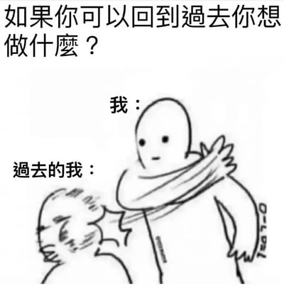 图片上方是提问文字“如果你可以回到過去你想做什麼？”，中间偏下位置标注“我：”和“過去的我：”，并配有两个简笔画小人——“我”正伸出手臂拥抱“過去的我”。通过极简的线条和文字搭配，幽默又温暖地表达了人们若有机会回到过去，最想给予曾经的自己安慰与支持的普遍心声。