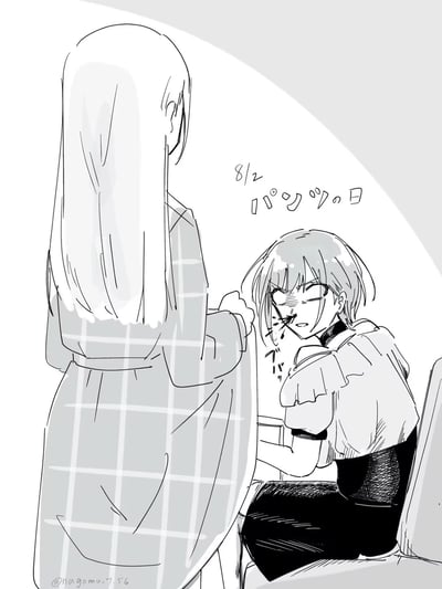 这是一张原创黑白手绘线稿，画面呈现了两位二次元少女的互动场景：一位长发少女背身站立，另一位短发少女坐在椅子上，满脸通红且流着鼻血，神态激动又害羞。图中的日文文字「8/2 パンツの日」指的是日本的8月2日内裤日，这个日期的发音和日语「パンツ（内裤）」谐音，是日本的趣味节日，这里的场景暗示短发少女看到了长发少女的内裤，因此产生了害羞激动的反应，是充满二次元搞笑风格的应景创作。