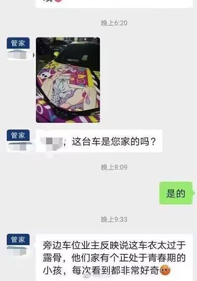 一张聊天记录截图，内容是管家发送了一张车身贴有动漫少女图案车衣的汽车照片，询问是否为用户所有。用户确认后，管家反馈旁边车位业主投诉该车衣过于露骨，因其家中有青春期小孩，每次看到都很好奇。