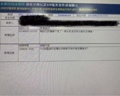 这是一张警务系统的翻拍截图，内容为永和分局永和所接收的110报案案件通报，图中案号、案发时间、案情记录、处理回复等字段清晰可见，案发地点、报案人信息已被涂黑处理。案情记录显示报案人称自己的“懒”不见了，要求派出所帮忙抓懒，处理回复里工作人员吐槽110接电人员居然将这种不合理的报案内容转递过来，整体内容荒诞搞笑。