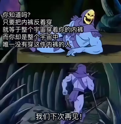 图片为上下两格的连环漫画，上方格子中，蓝紫色服装、黄色骷髅头的角色Skeletor躺卧在深色背景中，面带戏谑笑容；左侧配有文字“你知道吗？只要把内裤反着穿就等于整个宇宙穿着你的内裤而你却是整个宇宙中唯一没有穿这件内裤的人”。下方格子中，同一角色正匆忙奔跑逃离，背景为尖锐岩石，底部文字“我们下次再见！”。整体通过荒诞逻辑制造幽默效果。