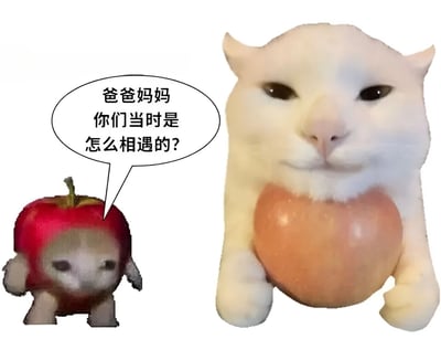 图片左侧是一个穿着红色苹果造型服装的小角色，它正通过对话气泡提问：“爸爸妈妈你们当时是怎么相遇的？”。右侧是一个白色的猫咪形象角色，其胸部呈现出桃子的形状，表情平静地看着左侧的苹果装小角色。整体画面风格偏向卡通可爱，营造出一种亲子间温馨对话的场景。