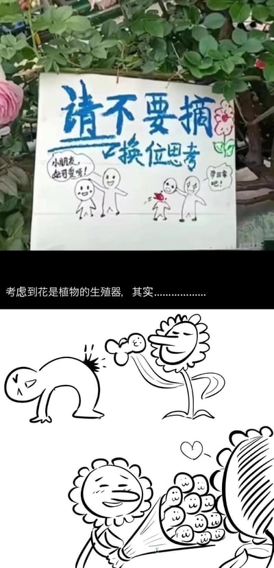 图片分为上下两部分：上半部分是一张挂在花丛中的手写提示牌，用蓝色大字写着“请不要摘 换位思考”，搭配简笔画：左边一大一小两个小人，大人笑着说“小朋友，她可爱呀！”，右边两个小人，一个说“带回家吧”，被摘的花被拟人化为头顶带血的小人；下半部分是网友的玩梗漫画，配文“考虑到花是植物的生殖器，其实………………”，漫画里拟人化的花朵“摘下”了人的生殖器，还把一堆拟人化的小生殖器当成花束送人，用荒诞的反向解构，把提示牌的“换位思考”玩成无厘头的生物学梗，制造出强烈的反差笑点。