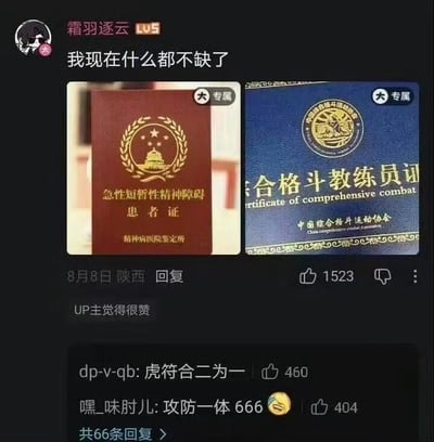 社交媒体用户“霜羽逐云”发布的内容，配图为两张证书。左侧是红色封面的“急性短暂性精神障碍患者证”，印有金色国徽图案及“精神病医院鉴定所”字样；右侧是蓝色封面的“合格斗教练员证”，印有“中国综合格斗运动协会”标识。下方评论区有用户留言“虎符合二为一”“攻防一体 666”等调侃内容，点赞数分别为1523、460、404。
图片通过展示反差强烈的两种证书制造幽默效果，“患者证”与“教练员证”形成“攻防一体”的戏谑联想，评论区“虎符合二为一”为谐音梗，化用“合二为一”。