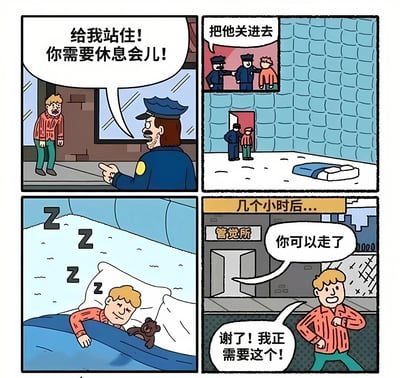 四格连环漫画展现幽默场景：警察以强制休息为由拦截红衣男子，将其关进软垫房间，几小时后男子睡醒离开并道谢。通过夸张情节调侃现代人对休息的迫切需求，画风为卡通手绘，对白简洁生动。