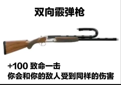 图片展示了一把经过修改的霰弹枪，其枪管被设计成U形双向结构，上方配有文字“双向霰弹枪”。下方文字标注“+100 致命一击 你会和你的敌人受到同样的伤害”，通过武器属性的矛盾设计制造幽默效果，讽刺那种看似强力却会伤及自身的事物。