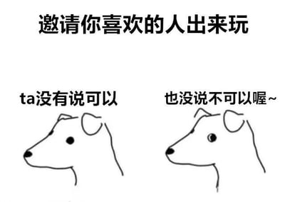 图片上方有黑色文字“邀请你喜欢的人出来玩”，下方左右两侧各有一个简笔画风格的小狗侧脸头像。左侧小狗头像上方配有文字“ta没有说可以”，右侧小狗头像上方配有文字“也没说不可以喔~”。整体画面简洁，通过可爱的小狗形象和俏皮的文字组合，表达了邀请心仪对象时对方未明确回应的暧昧又略带期待的心情。
