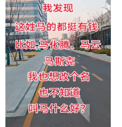 这张梗图用街景做底图，配上大号红字文案，表达了一个流行且幽默的观点：名字里有“马”的人都很有钱，比如马化腾、马云和马斯克。最后作者自嘲自己也想改姓马，并求问应该叫什么（“马什么什么”），营造轻松搞笑氛围。内容借用了网络对企业家姓氏的观察，带有明显的谐音梗和玩梗成分。