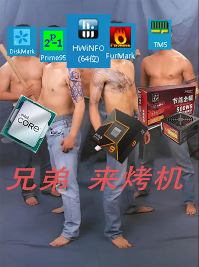 图片中一群赤裸上身、带有纹身的肌肉男性，面部被DiskMark、Prime95、HWiNFO、FurMark、TM5等电脑测试软件图标遮挡，手中或身旁出现Intel Core CPU、500WS电源等硬件设备。底部配有红色大字“兄弟 来烤机”，通过将硬核测试软件/硬件与“社会大哥”形象结合，幽默调侃电脑“烤机”（压力测试）场景，营造反差萌笑点。
