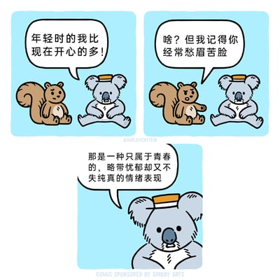 这是一则三格连环卡通漫画，采用拟人化的动物角色展开对话。第一格中，戴着小帽子的考拉对身旁的松鼠感慨：“年轻时的我比现在开心的多！”，松鼠面露疑惑；第二格中，松鼠皱起眉头反驳考拉：“啥？但我记得你经常愁眉苦脸”；第三格是考拉的脸部特写，它一脸沧桑地解释道：“那是一种只属于青春的，略带忧郁却又不失纯真的情绪表现”。漫画以幽默的方式调侃了人们对青春时期的情绪滤镜，将年轻时的忧郁情绪刻意美化成带有纯真感的专属表现，引发对青春回忆的趣味反思。