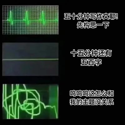 这张图通过三段心电图形象展现了学生赶作文时的心理状态变化：开始有条理地思考，临近截止时心跳几乎停止，最后因为离题彻底崩溃。文案配合心电图，极具戏剧冲突和搞笑效果，非常适合表达写作文时的焦虑与无助。

**双关与谐音梗说明：**
图中第三格以心电图杂乱线条讽刺思维混乱，体现即写到和主题无关的慌乱感。