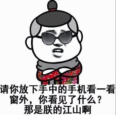 图片中是一个卡通人物形象，该人物梳着发髻，戴着黑色墨镜，脖子围着灰色围巾，身穿红色花纹外套，双臂交叉于胸前，表情带着一丝不屑与酷拽。人物下方配有文字：“请你放下手中的手机看一看窗外，你看见了什么？那是朕的江山啊”。通过将日常劝诫放下手机的场景与“朕的江山”这种带有帝王霸气的表述结合，形成幽默反差，营造出调侃又略带傲娇的搞笑效果。