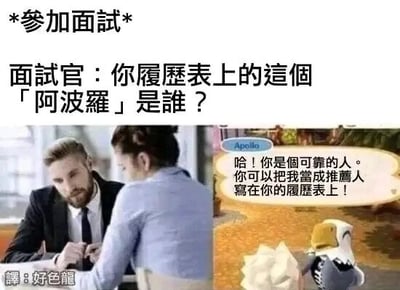 这是一张左右对比的P图改编静态图文混排梗图，左侧是真实的职场面试场景，一位身着西装的面试官正严肃地看向对面背向镜头的面试者；右侧是任天堂游戏《集合啦！动物森友会》中的鸟类NPC阿波罗的截图，它手持花朵，带有对白气泡。图上方标注文字“*参加面试*”，面试官的台词为“你履历表上的这个「阿波罗」是谁？”，阿波罗的对白气泡内容为“哈！你是个可靠的人。你可以把我当成推荐人写在你的履历表上！”，左下角还有翻译标注“译:好色龙”。该梗图将游戏里NPC的玩笑话与职场面试场景结合，制造出荒诞搞笑的效果，调侃面试者把游戏角色的戏言当真，将其列为简历推荐人而被面试官质疑的趣事。