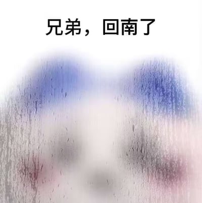 一张展示回南天现象的梗图，上方文字'兄弟，回南了'以黑色粗体显示，下方是带有蓝紫色调的玻璃凝水效果，模拟潮湿天气中窗户上的水汽凝结状态。