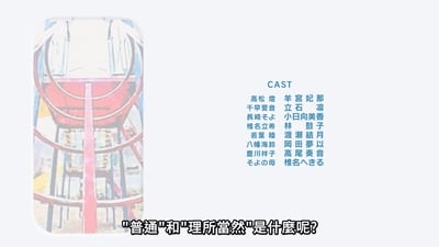 图片左侧为彩色建筑结构（可能是摩天轮或类似设施）的插画，右侧为作品"MyGO!"的CAST角色列表，包含高松燈、千早愛音等角色及其配音演员信息，底部有文字"普通"和"理所当然"是什么呢?，整体呈现作品角色介绍与主题疑问的结合。