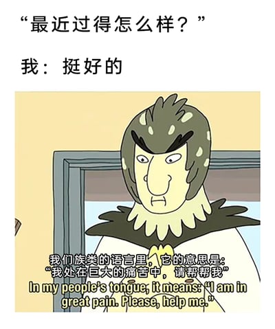 这是一张精准戳中当代人社交情绪的改编梗图，图中模拟了日常社交中的经典场景：当他人询问“最近过得怎么样？”时，人们习惯性地回应“挺好的”，但配图选用了动画《瑞克和莫蒂》中的鸟人角色，角色神态苦闷、表情凝重，下方的字幕则揭示了这句“挺好的”背后的真实含义——在“我”的族类语言里，这句话代表“我处在巨大的痛苦中，请帮帮我”。通过这种语言含义的反差，幽默又扎心地表达了很多人在社交中习惯性掩饰真实情绪，内心实则承受着压力与痛苦、渴望被理解和帮助的状态，引发当代人的强烈共鸣。