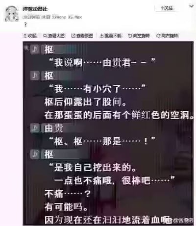 这是一张社交媒体转载内容截图，上方为微博账号“洋葱动漫社”的发布界面，发布者仅配文一个问号，下方附带的是某ACG作品的剧情截图：角色枢告知另一角色由贵，自己在臀部后方挖出了一个鲜红色的空洞，还声称挖洞过程毫无痛感，后续内容则直接吐槽该说法不符合常理，因为伤口正在不断流血，整体剧情十分猎奇荒诞，违背常识。