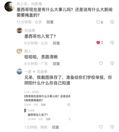 这是一张国内社交媒体的评论区截图，用户「向上走，向前看」提问墨西哥是否有大事或需掩盖的新闻，用户「刘油果」以玩梗的方式提问「墨西哥也入党了？」，被用户「圆人」称赞思路清晰；随后用户「一辈」回复「刘油果」，称已截图准备向其学校举报，指责对方阴阳怪气，还附上了相关评论的截取内容，整个评论区呈现出玩梗与争执交织的氛围。