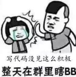 左边是一个双手抱头、泪流满面的卡通小人，右边是一个表情愤怒、伸出手指着对方的成年男性卡通形象。图片下方配有文字：'写代码没见这么积极 整天在群里瞎BB'，用来讽刺那些在工作中写代码不积极，却在群里闲聊异常活跃的人，展现了职场中常见的消极工作态度现象。