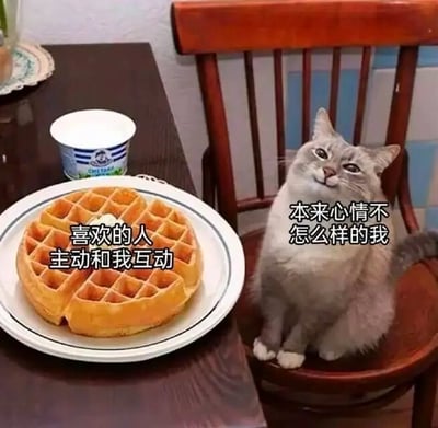 图片中一只灰色猫咪坐在木质椅子上，旁边的桌子上放着一盘华夫饼和一小杯饮品。华夫饼上方配有文字“喜欢的人主动和我互动”，猫咪旁边则有文字“本来心情不怎么样的我”。整体通过猫咪的可爱形象和对比文字，幽默地表现了当喜欢的人主动互动时，原本不佳的心情瞬间好转的场景，充满治愈感和生活气息。