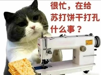 图片中一只灰白相间的猫咪正“操作”着一台白色缝纫机，缝纫机旁放着一叠苏打饼干。右侧配有红色文字“很忙，在给苏打饼干打孔 什么事？”，通过拟人化手法让猫咪进行“给饼干打孔”这一无厘头且毫无意义的忙碌行为，营造出幽默搞笑的效果，仿佛猫咪在一本正经地做着不重要的事情来拒绝被打扰。