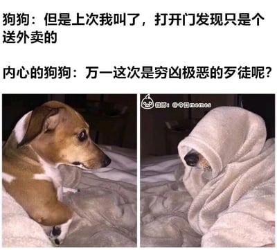 这是一张左右对比的搞笑梗图，左侧呈现一只棕白相间的狗狗侧趴在床上，眼神带着担忧与纠结，配文是狗狗的想法：“但是上次我叫了，打开门发现只是个送外卖的”；右侧则是这只狗狗用毯子将整个头部紧紧裹住，只露出黑色的鼻子，配文是狗狗的内心活动：“万一这次是穷凶极恶的歹徒呢？”。图片通过拟人化的手法，将狗狗听到门外动静后的纠结心态具象化：之前因为警觉吠叫却发现只是外卖而显得“尴尬”，这次又担心门外是危险人物，于是选择躲起来，这种反差感和贴合日常的内心戏，让原本普通的狗狗照片变得趣味十足，精准戳中了网友对小动物丰富内心戏的趣味想象。