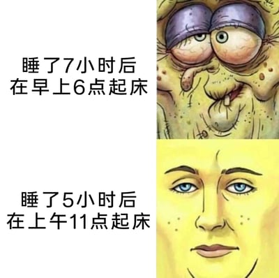 这是一张上下分栏的对比类搞笑图，上方是睡满7小时但在早上6点起床的海绵宝宝，被创作成双眼浮肿、布满血丝，面容邋遢憔悴的疲惫模样；下方是只睡5小时但在上午11点起床的海绵宝宝，呈现出眼神清澈、面容整洁的精神状态。图片通过夸张的卡通形象反差，调侃了起床时间对人状态的影响远大于睡眠时长，精准戳中了很多人早起疲惫、晚起反而精神的真实日常感受，充满了对作息差异的趣味吐槽。
