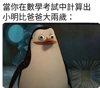 这张梗图上方有文字"當你在數學考試中計算出小明比爸爸大兩歲："，下方是《马达加斯加的企鹅》中Skipper企鹅的截图，它表情困惑地直视前方，完美表达了算出荒谬数学结果时的懵逼状态。