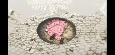动漫《龙珠Z》中的经典场景，粉色皮肤的魔人布欧穿着粉色连体衣，头朝下倒栽在鹅卵石铺成的地面上形成的圆形坑洞中，周围散落着碎石和羽毛，呈现出一种滑稽又狼狈的状态。这一场景常被网友用来制作搞笑表情包，表示意外失足或陷入困境的尴尬时刻。